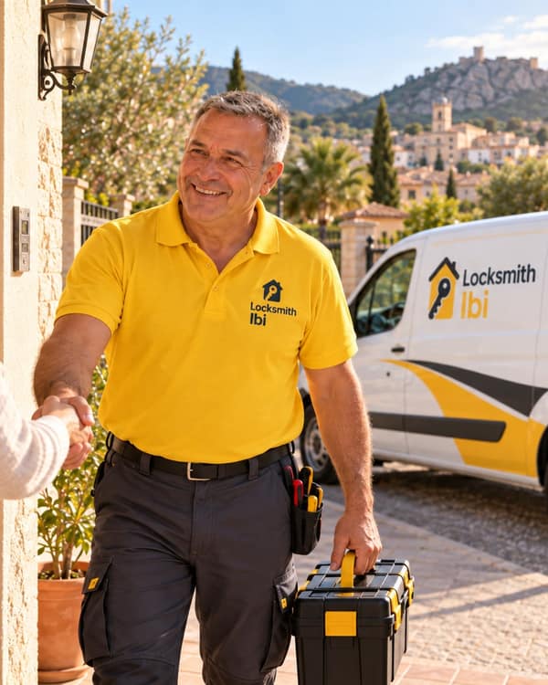 A man in a yellow polo, tool case in one hand, shakes hands with a woman at a wooden front door in warm late sunlight