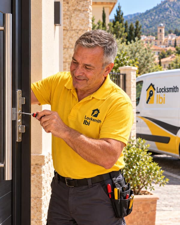 A grey-haired man in a yellow polo works a screwdriver at the steel lock plate of a dark modern front door with a long bar handle
